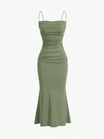 Elegant Sage Green Ruched Midi Dress