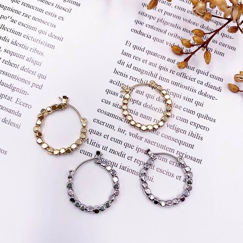 14K Gold Plated Hoop Earrings with Vintage Cube Charm for Women – Trendy Elegant Jewelry
