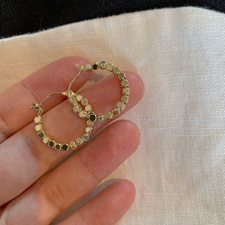 14K Gold Plated Hoop Earrings with Vintage Cube Charm for Women – Trendy Elegant Jewelry