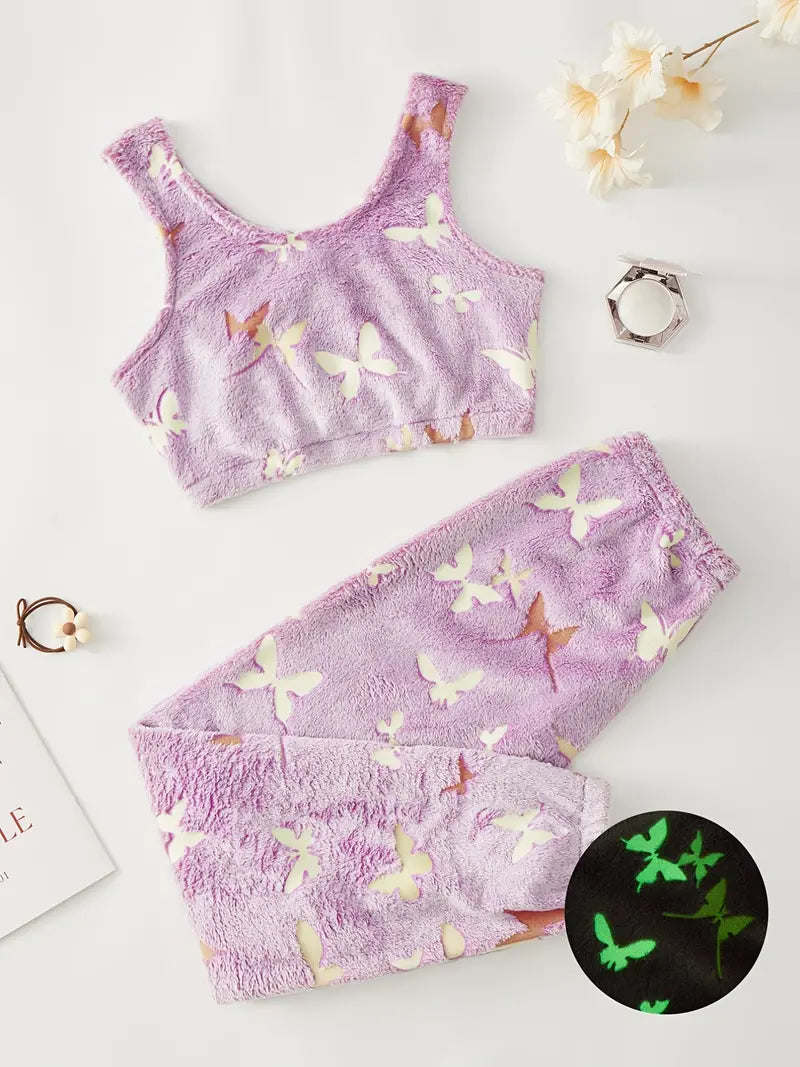 Glow in the Dark Butterfly Pajama Set – Ultra Soft Cozy Long Sleeve Top and Pants
