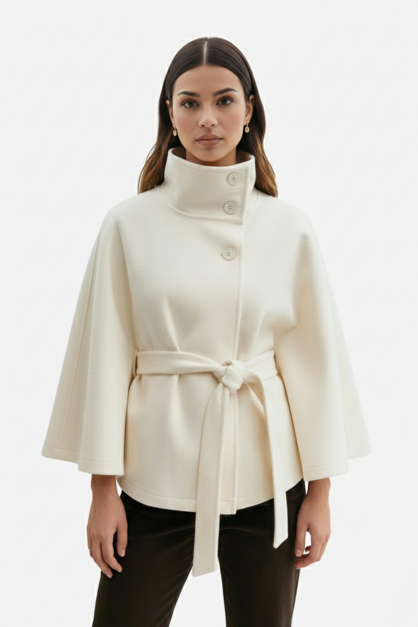 Belted Cape Coat High Neck Button Front