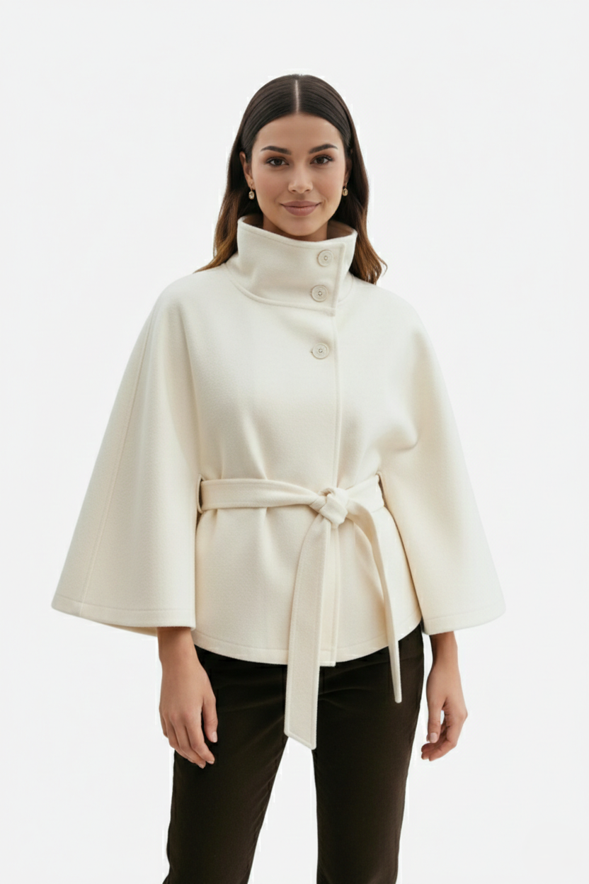 Belted Cape Coat High Neck Button Front