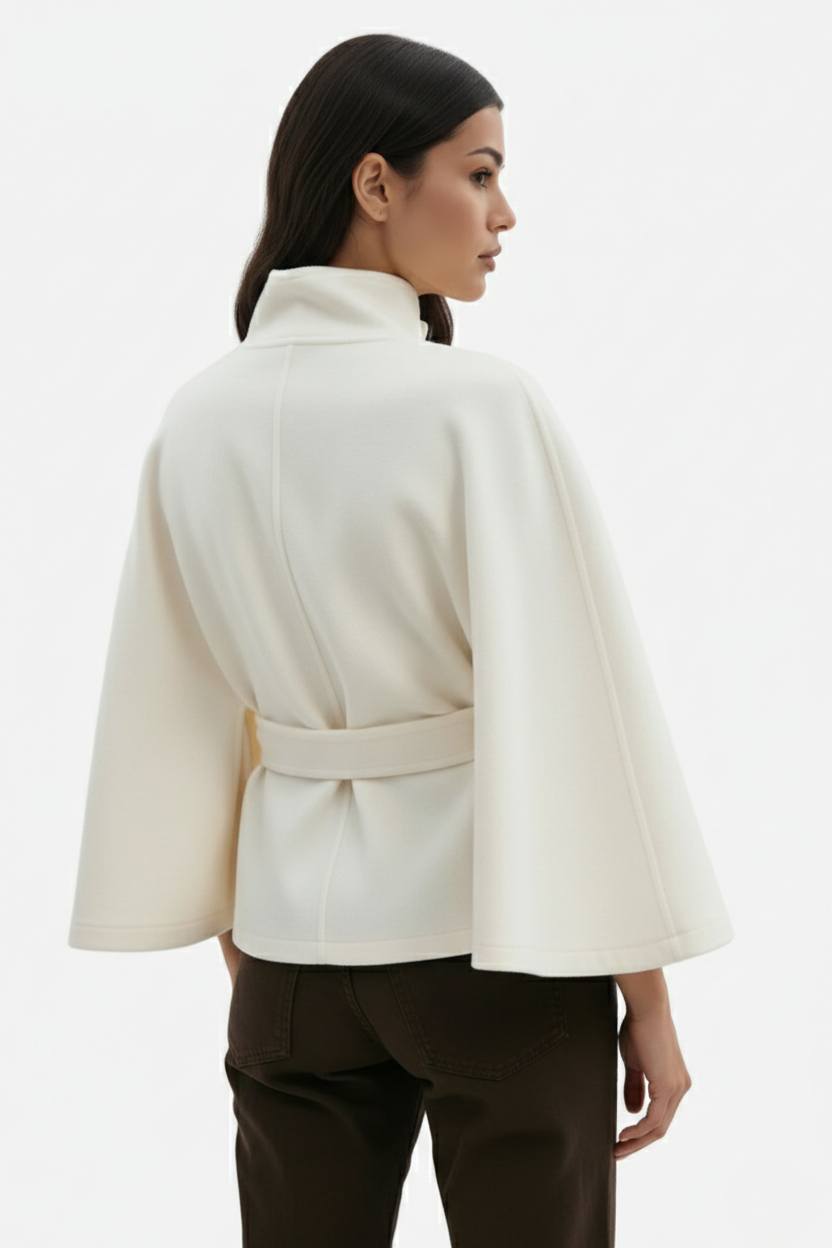 Belted Cape Coat High Neck Button Front