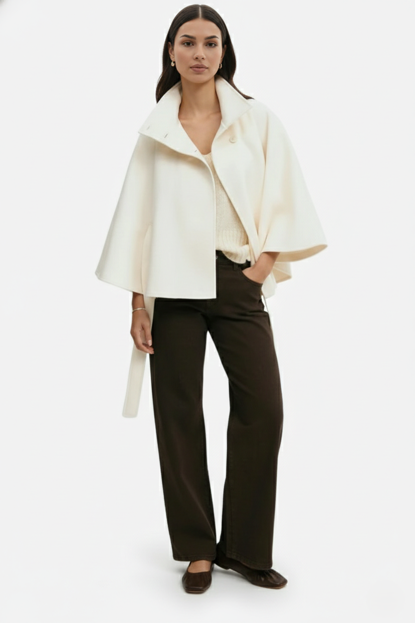 Belted Cape Coat High Neck Button Front