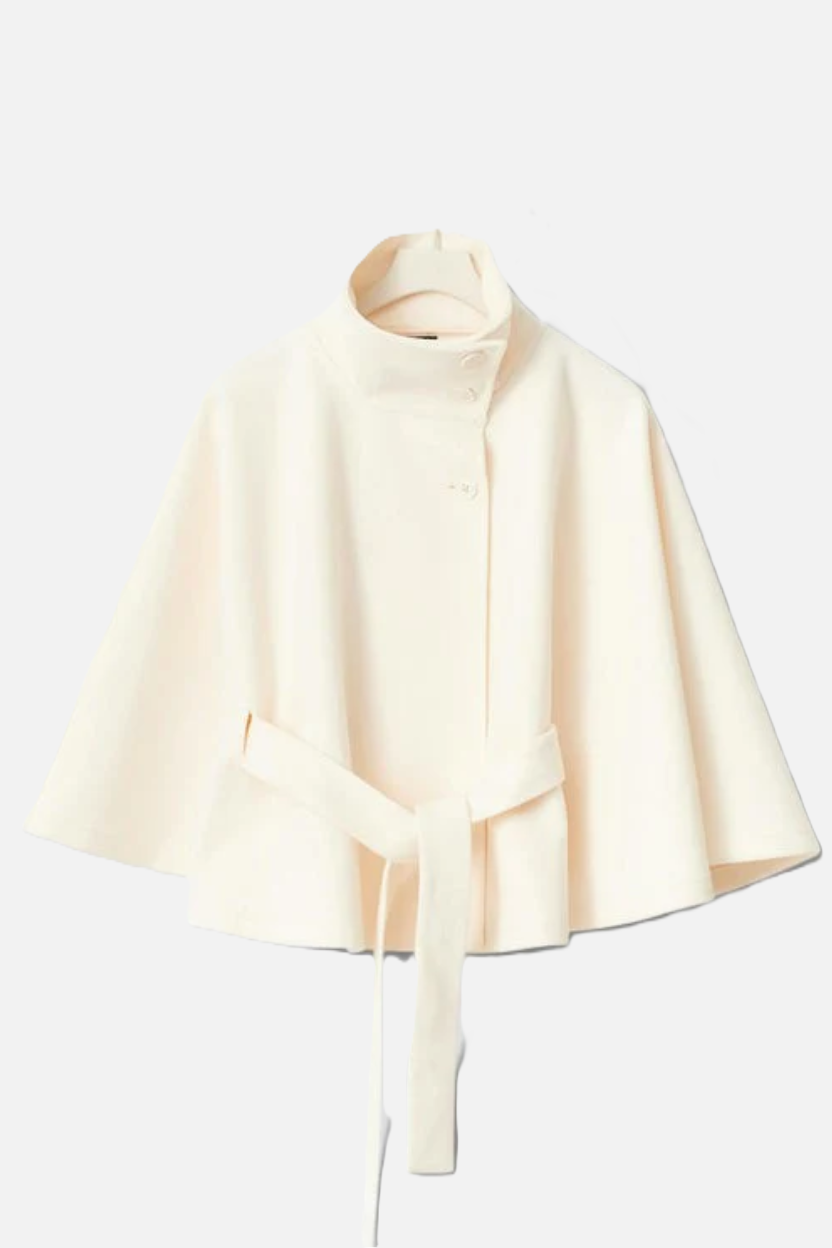 Belted Cape Coat High Neck Button Front