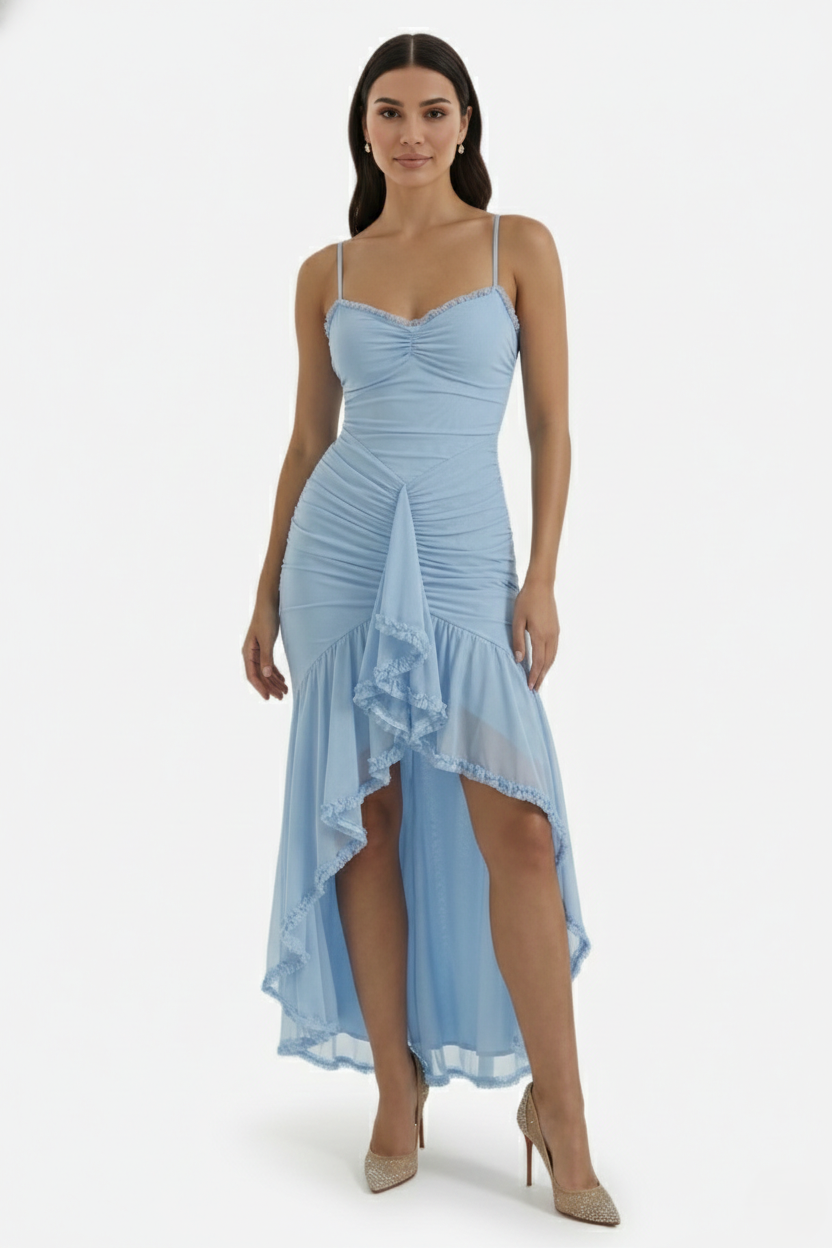 Evening Gown Ruched Mesh Ruffle Assymetrical Hem
