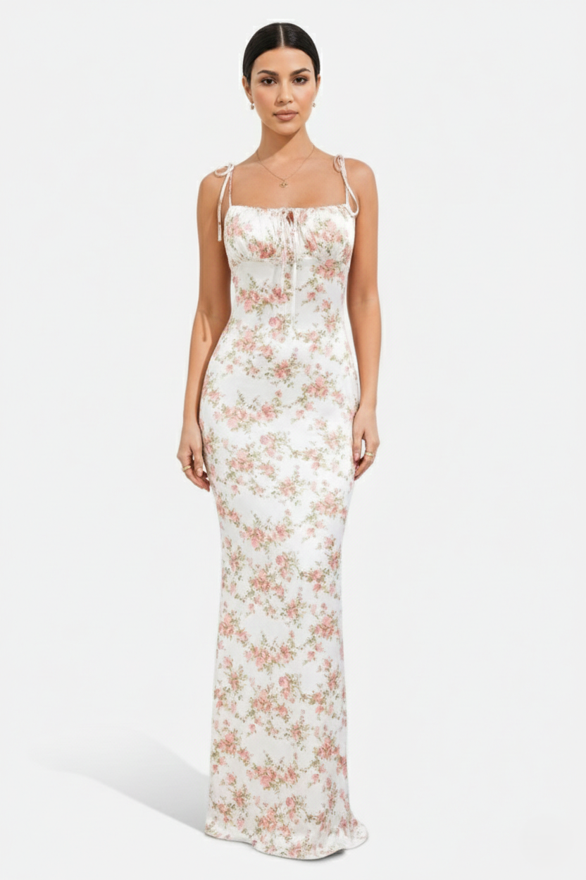 Floral Spaghetti Strap Bodycon Mermaid Maxi Dress Ruched Bodice