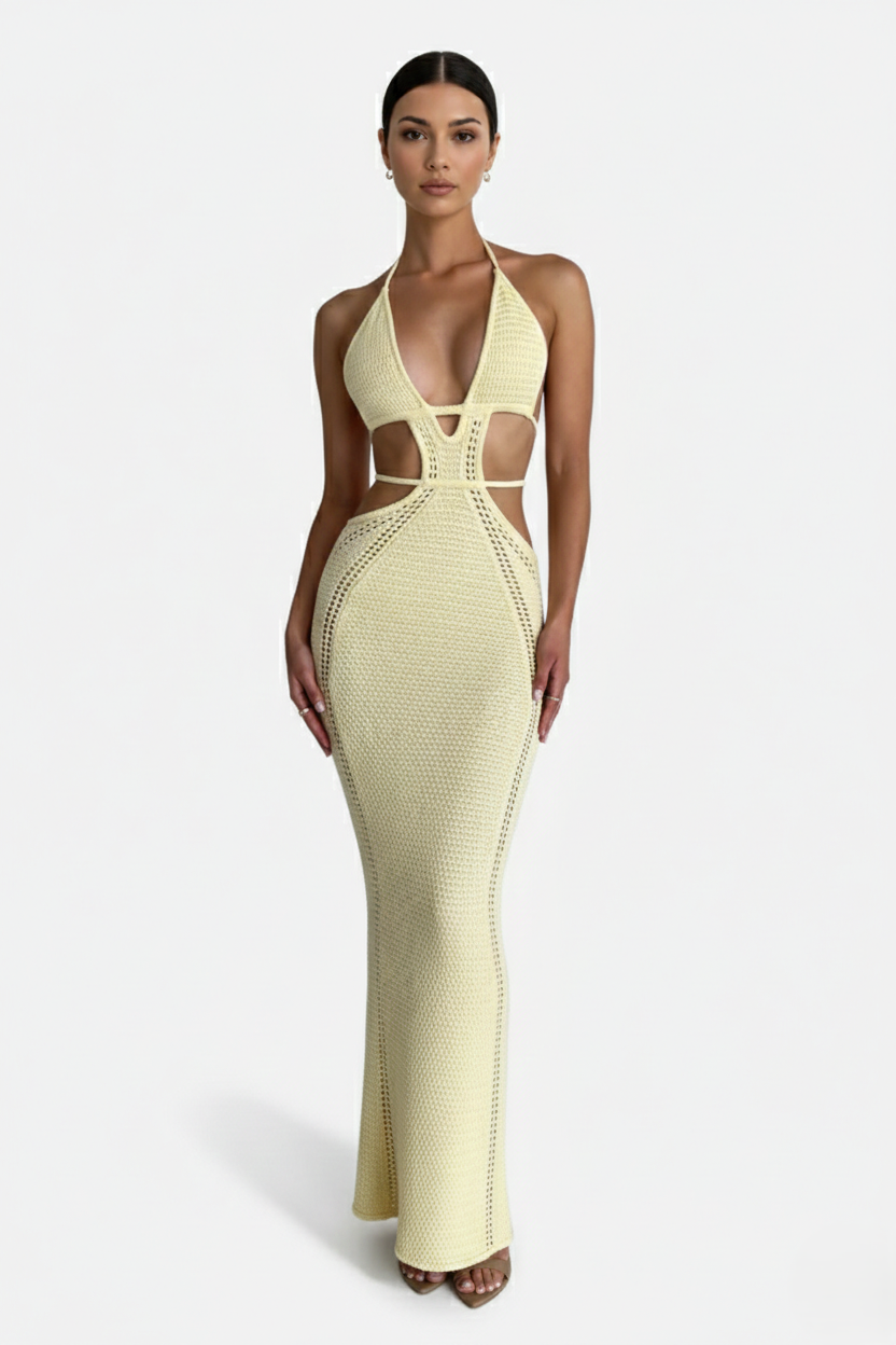 Crochet Cutout Halter Neck Backless Bodycon Maxi Dress 