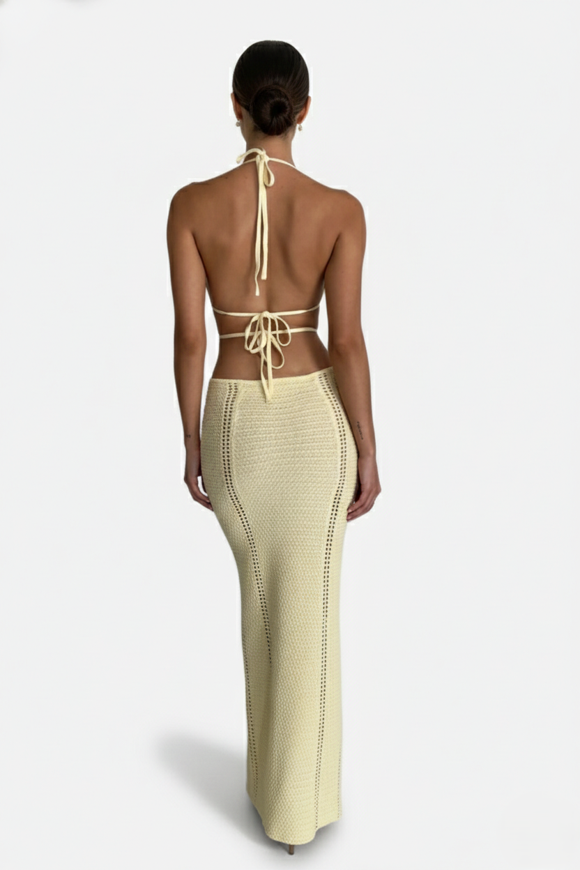 Crochet Cutout Halter Neck Backless Bodycon Maxi Dress 