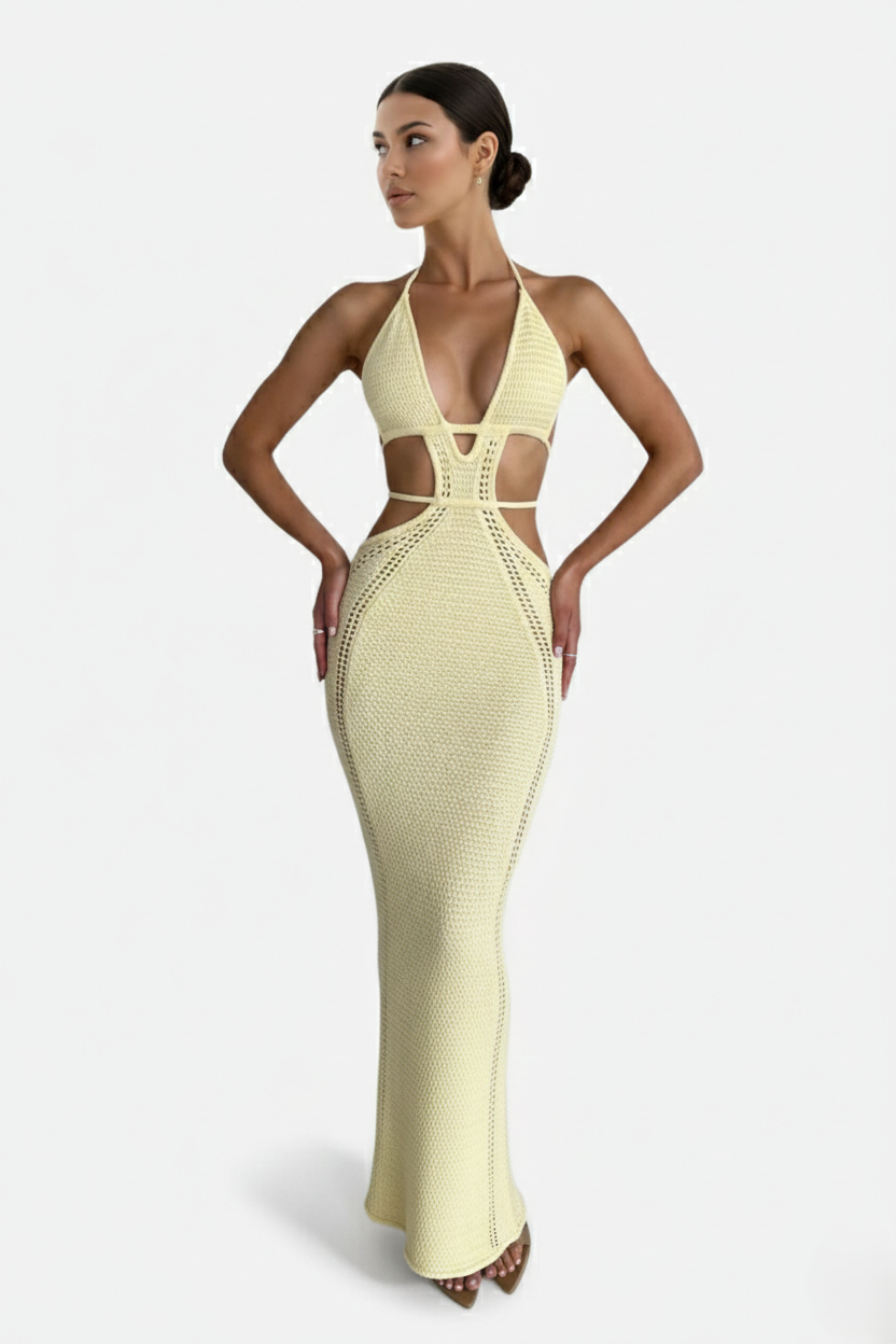 Crochet Cutout Halter Neck Backless Bodycon Maxi Dress 