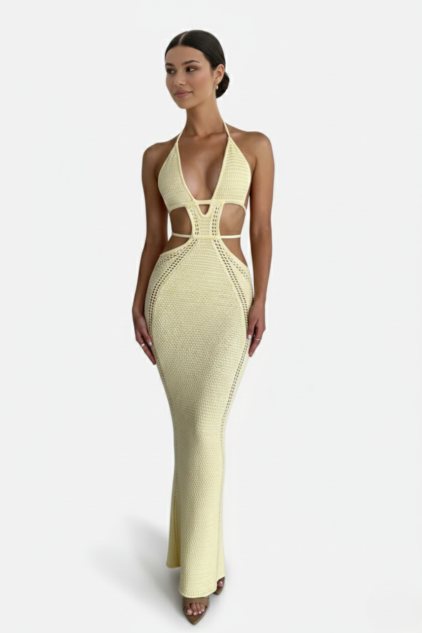 Crochet Cutout Halter Neck Backless Bodycon Maxi Dress 