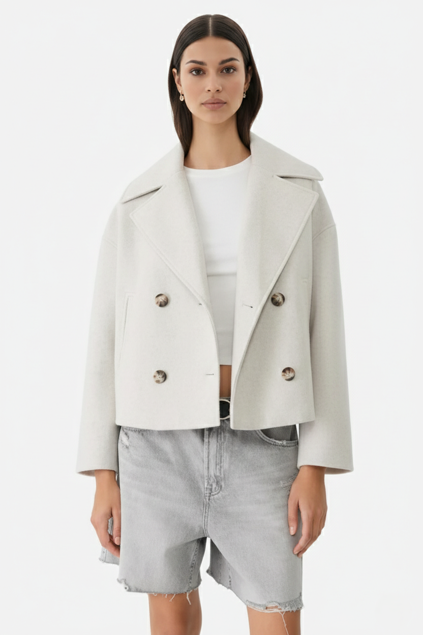 Cropped Double Breasted Blazer Jacket with Wide Lapel