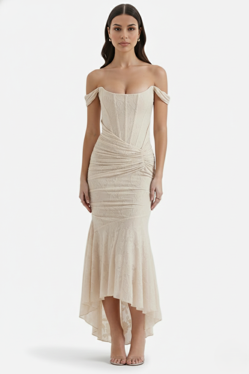 Corset Mermaid Maxi Dress Ruched Draped Wide Straps