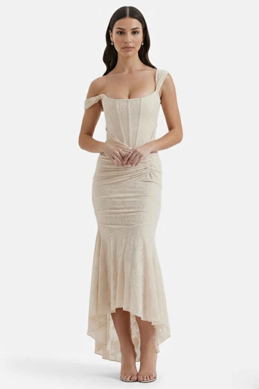 Corset Mermaid Maxi Dress Ruched Draped Wide Straps