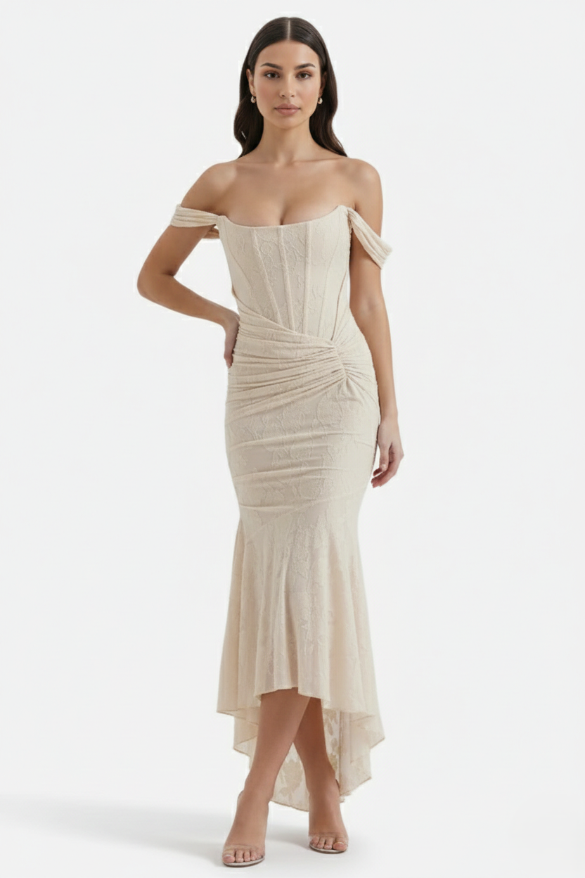 Corset Mermaid Maxi Dress Ruched Draped Wide Straps