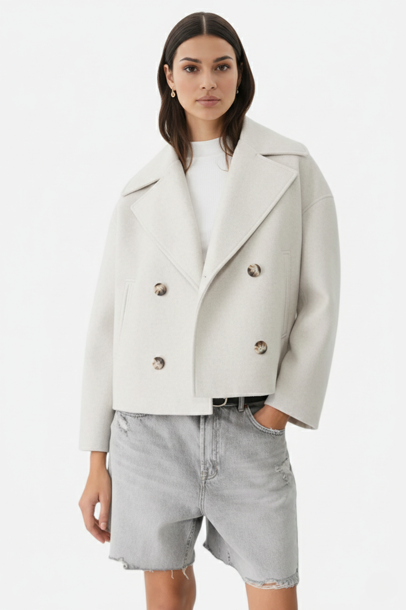 Cropped Double Breasted Blazer Jacket with Wide Lapel