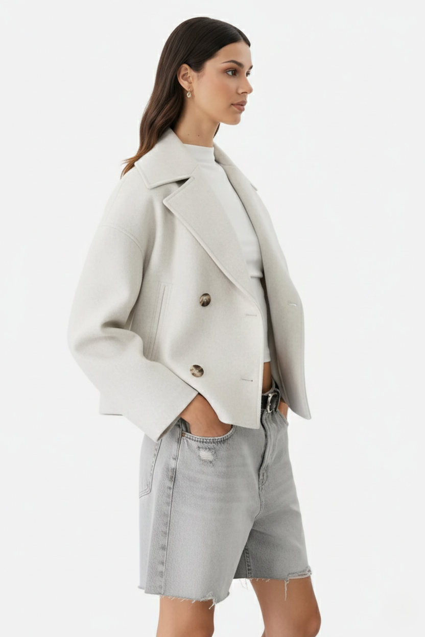 Cropped Double Breasted Blazer Jacket with Wide Lapel