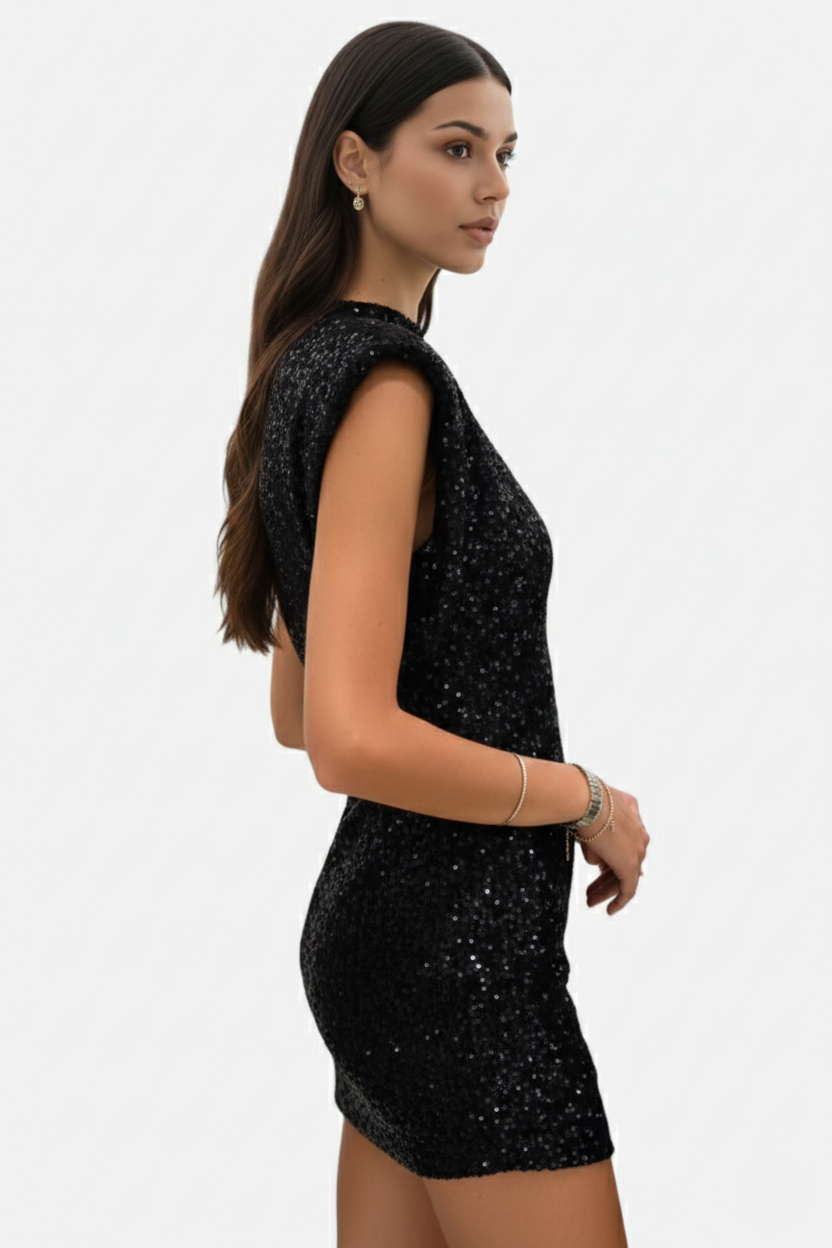 All-Over Sequin Women's High Neck Mini Dress with Structured Shoulders
