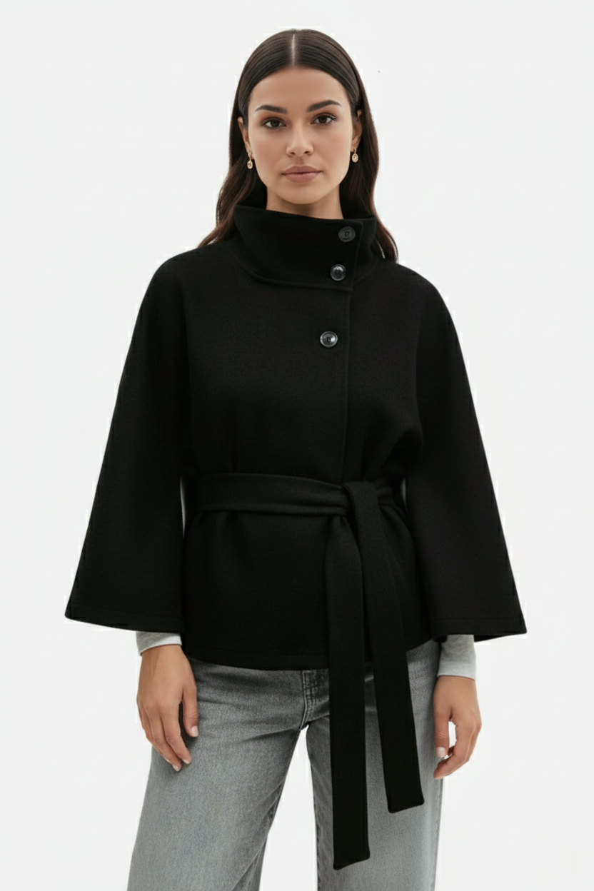 Belted Cape Coat High Neck Button Front