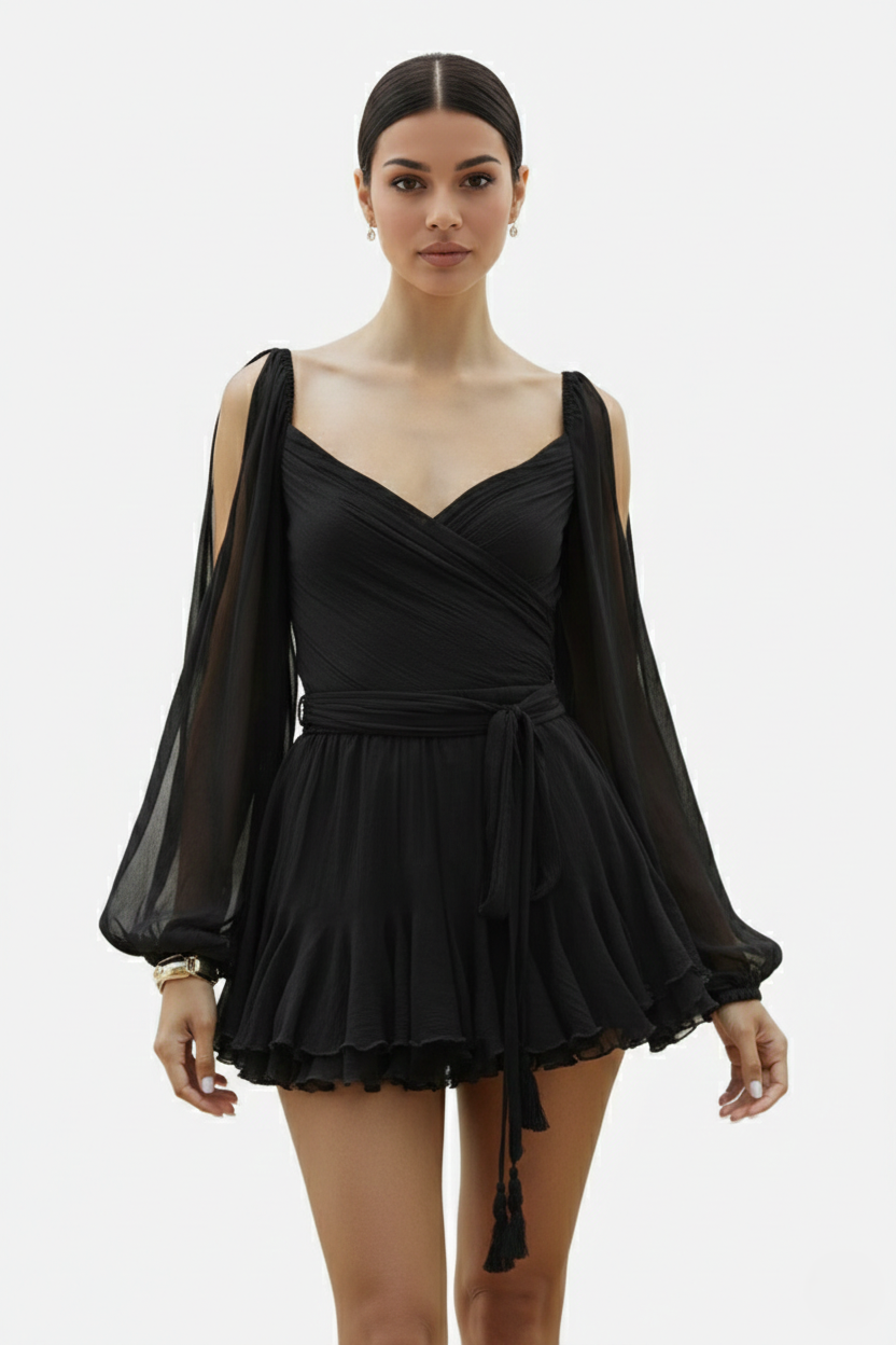 Chiffon Puff Sleeve Lace-Up Back Ruffle Mini Dress