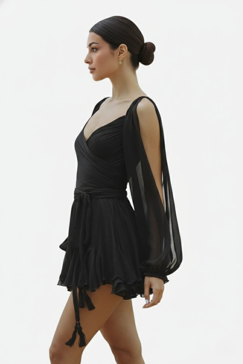 Chiffon Puff Sleeve Lace-Up Back Ruffle Mini Dress