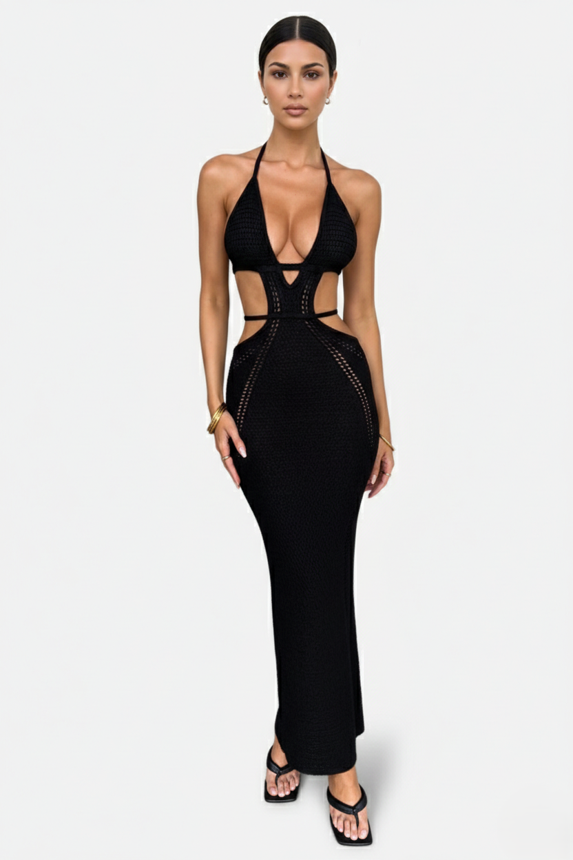 Crochet Cutout Halter Neck Backless Bodycon Maxi Dress 