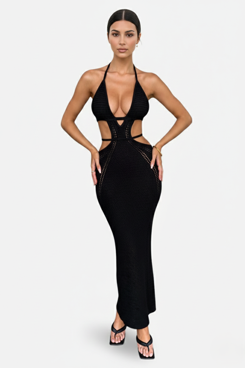 Crochet Cutout Halter Neck Backless Bodycon Maxi Dress 