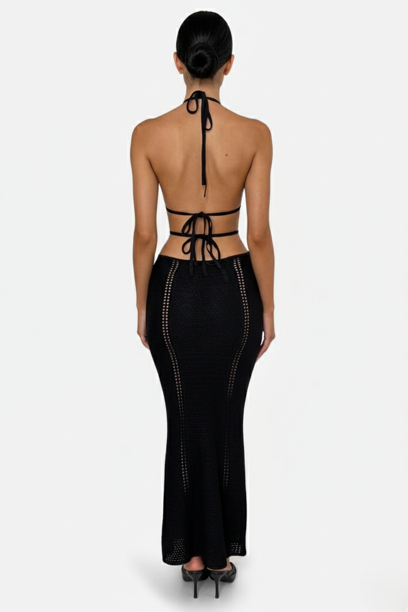 Crochet Cutout Halter Neck Backless Bodycon Maxi Dress 