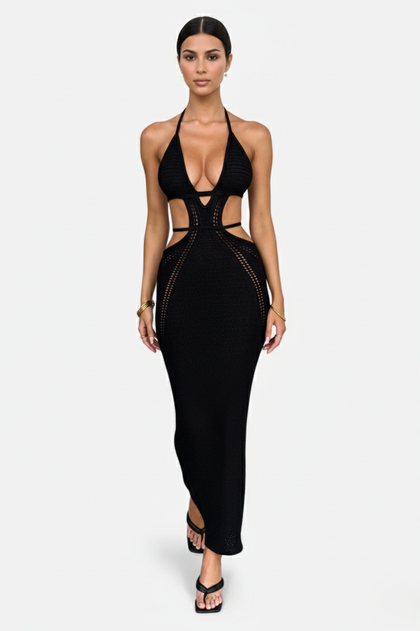 Crochet Cutout Halter Neck Backless Bodycon Maxi Dress 