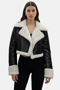 Cropped Faux Leather Shearling Trim Biker Jacket