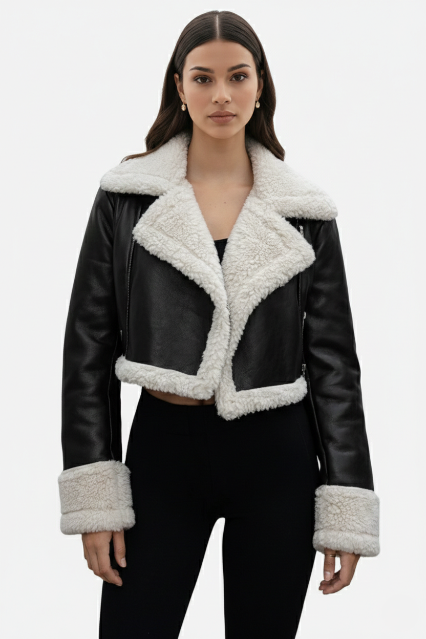 Cropped Faux Leather Shearling Trim Biker Jacket