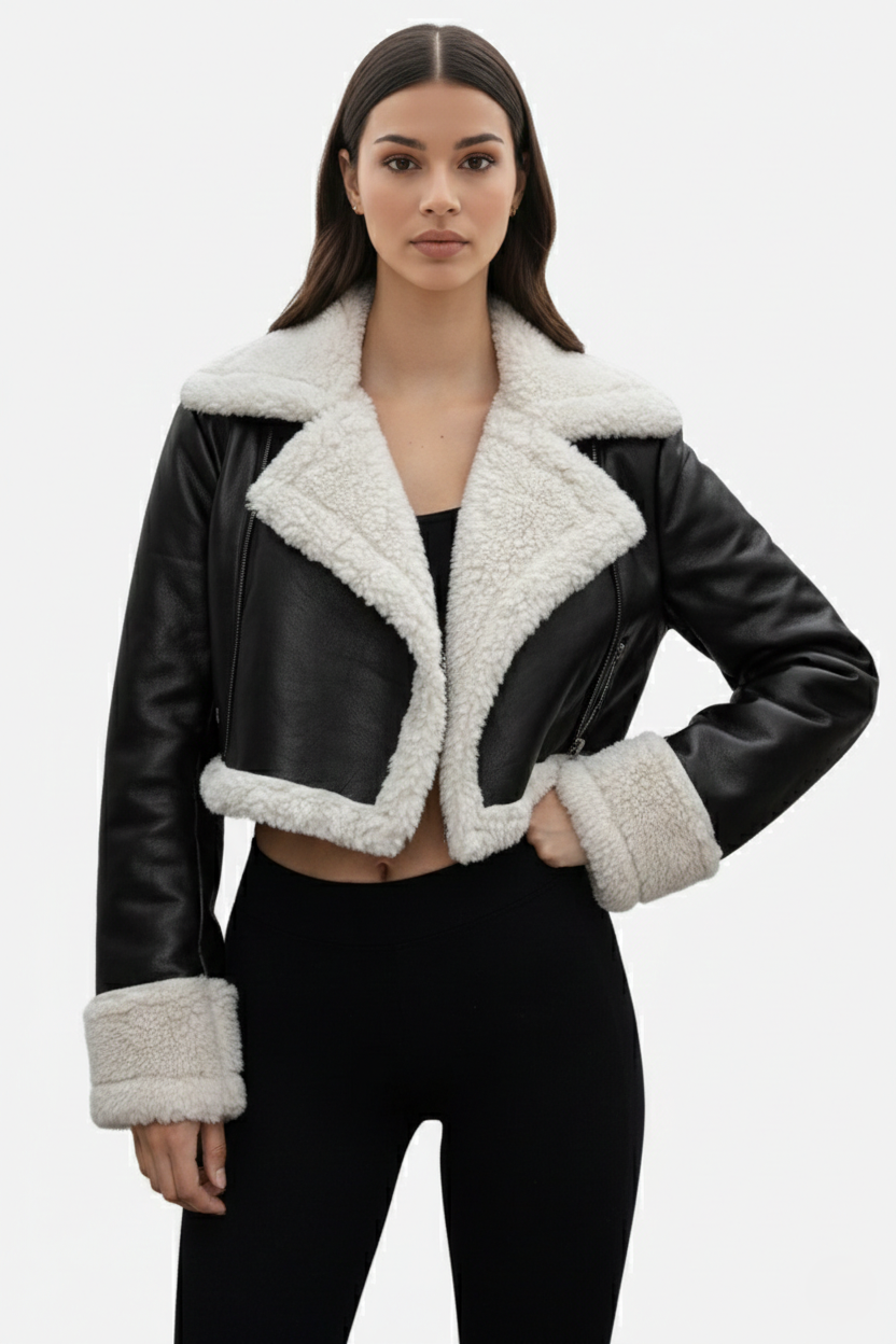 Cropped Faux Leather Shearling Trim Biker Jacket