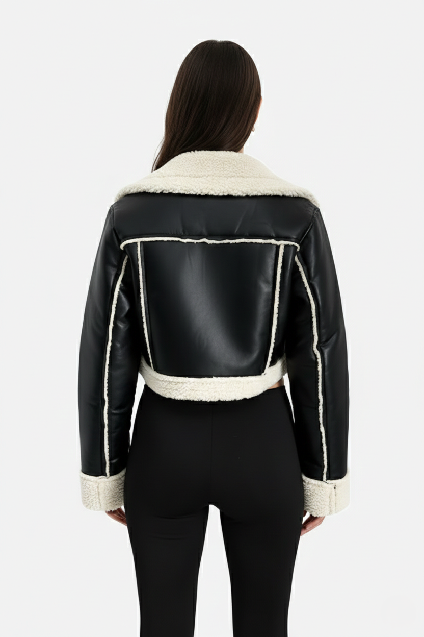 Cropped Faux Leather Shearling Trim Biker Jacket