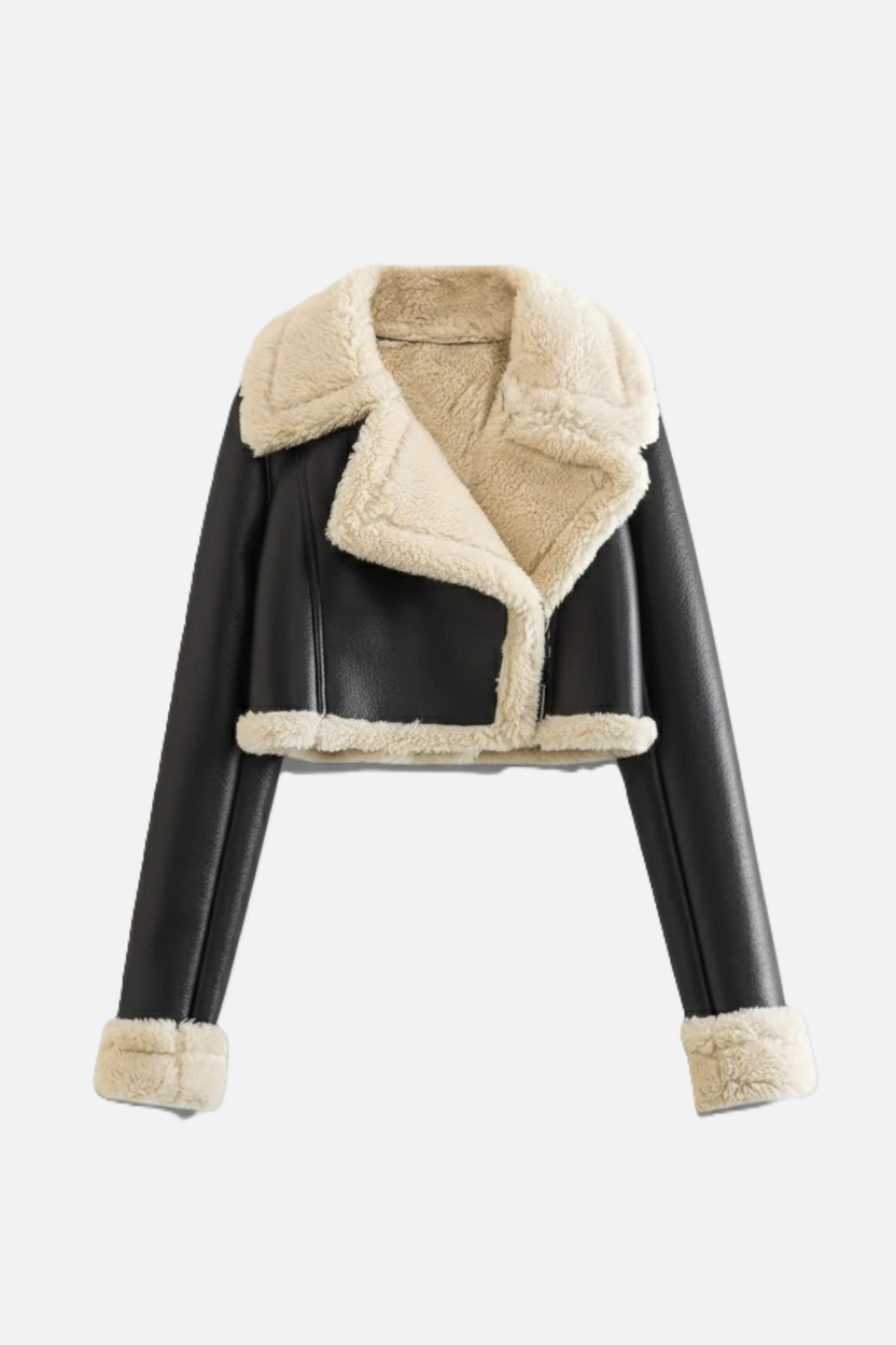 Cropped Faux Leather Shearling Trim Biker Jacket