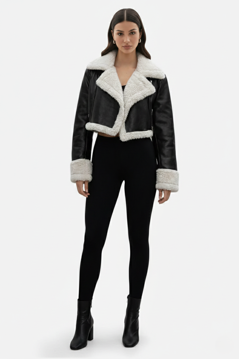Cropped Faux Leather Shearling Trim Biker Jacket