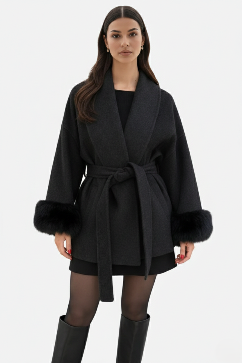 Belted Wrap Wool-Blend Coat Faux Fur Cuff Trim Open Front