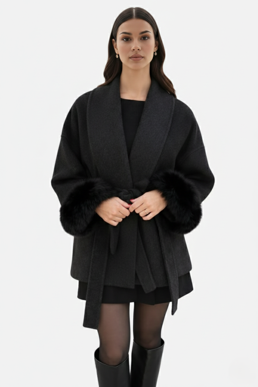 Belted Wrap Wool-Blend Coat Faux Fur Cuff Trim Open Front