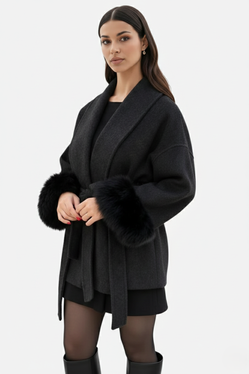 Belted Wrap Wool-Blend Coat Faux Fur Cuff Trim Open Front