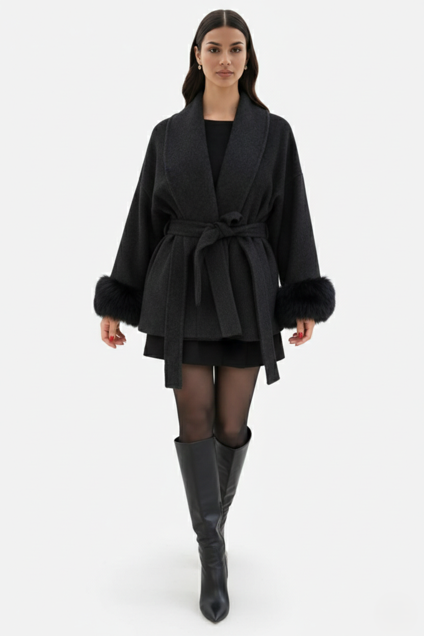 Belted Wrap Wool-Blend Coat Faux Fur Cuff Trim Open Front