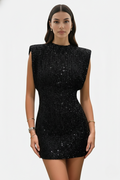 All-Over Sequin Women's High Neck Mini Dress with Structured Shoulders