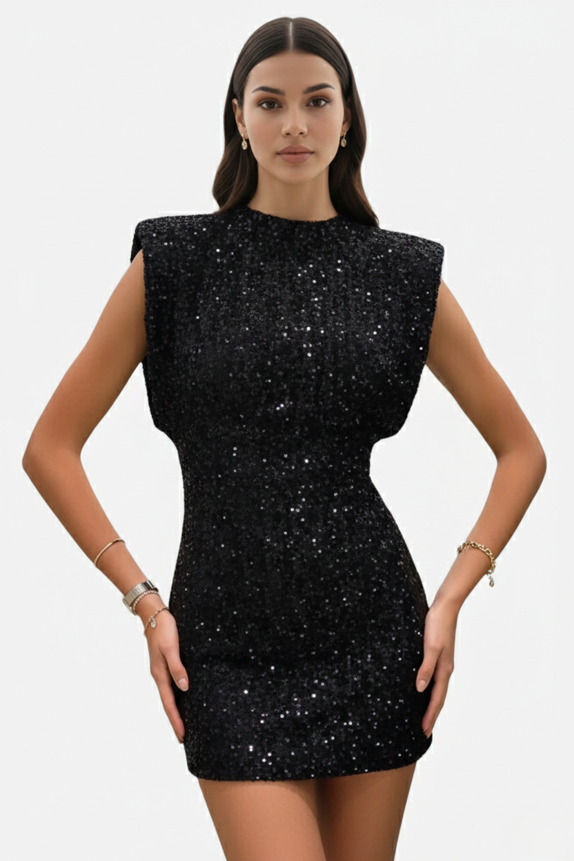 All-Over Sequin Women's High Neck Mini Dress with Structured Shoulders