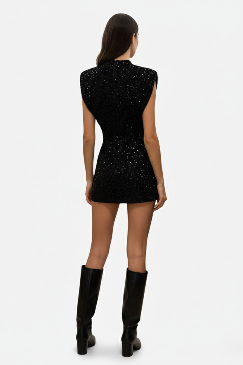 All-Over Sequin Women's High Neck Mini Dress with Structured Shoulders
