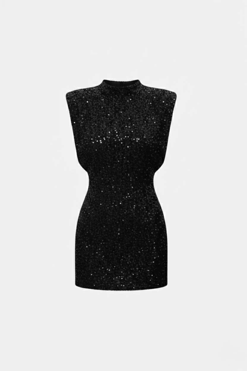 All-Over Sequin Women's High Neck Mini Dress with Structured Shoulders