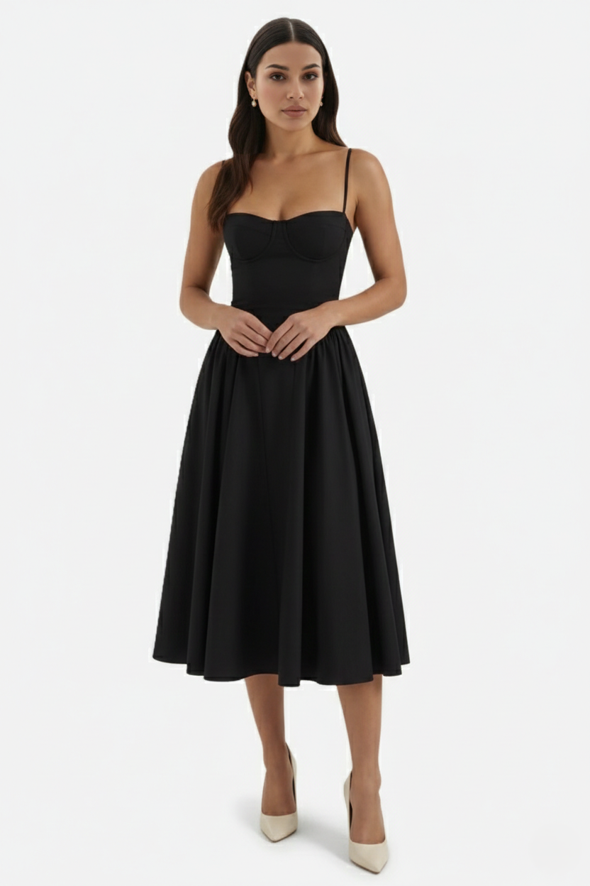 Basque Waist Corset Midi Dress with Spaghetti Straps - Pleated Party Style
