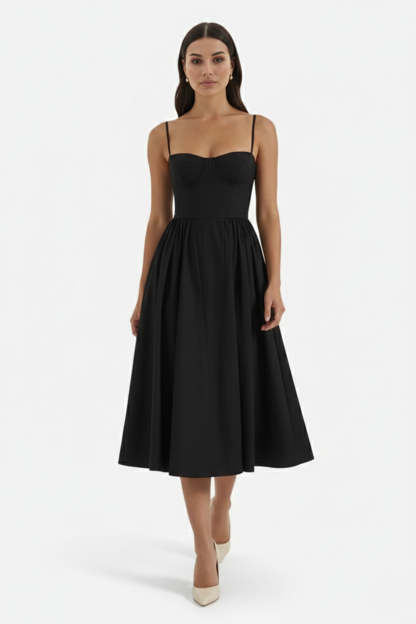 Basque Waist Corset Midi Dress with Spaghetti Straps - Pleated Party Style