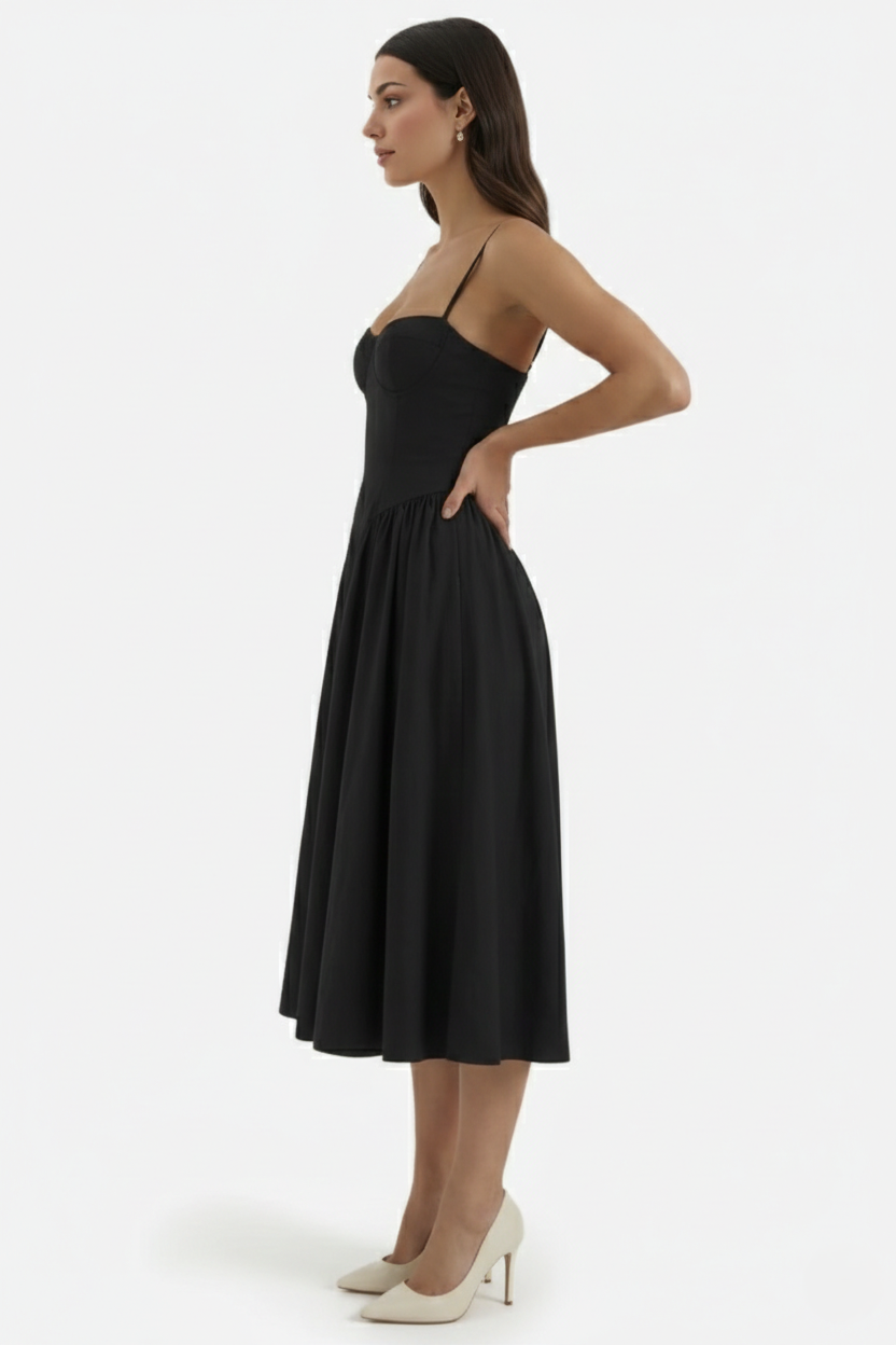 Basque Waist Corset Midi Dress with Spaghetti Straps - Pleated Party Style