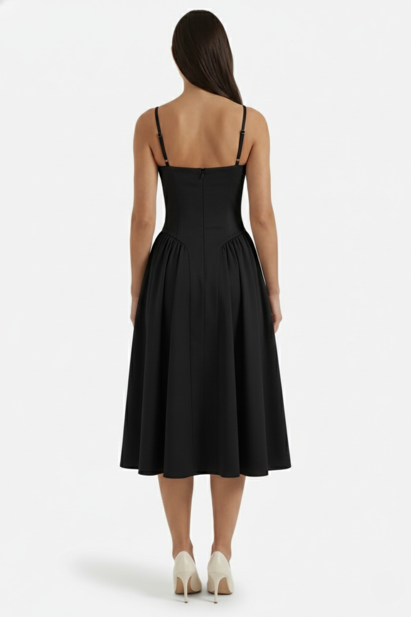 Basque Waist Corset Midi Dress with Spaghetti Straps - Pleated Party Style