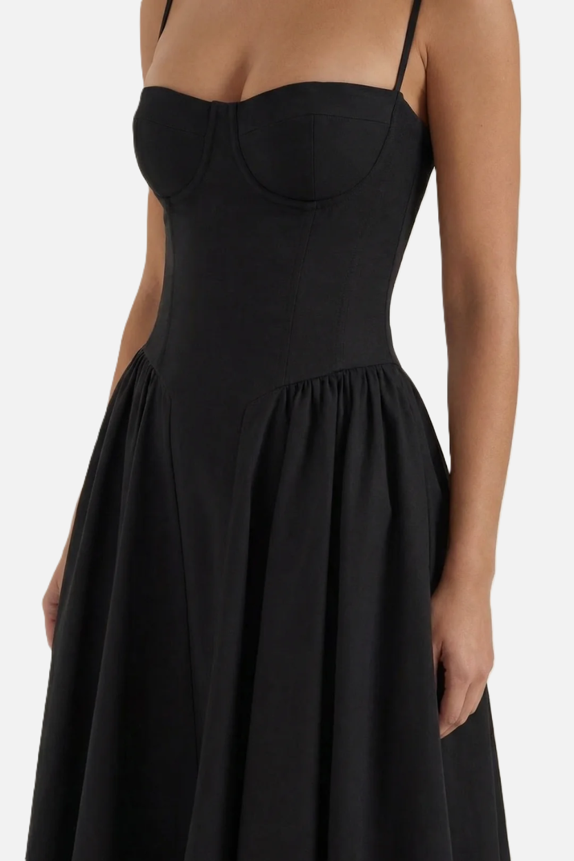 Basque Waist Corset Midi Dress with Spaghetti Straps - Pleated Party Style