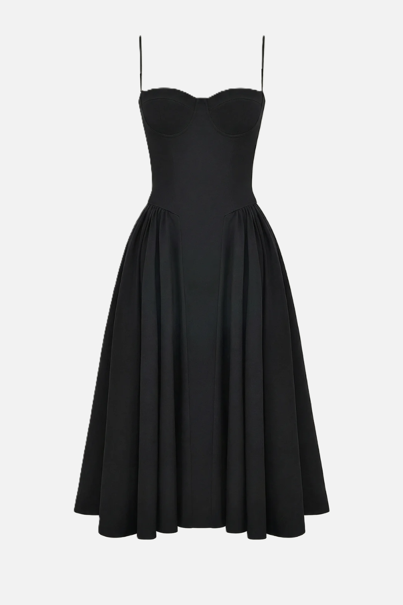 Basque Waist Corset Midi Dress with Spaghetti Straps - Pleated Party Style