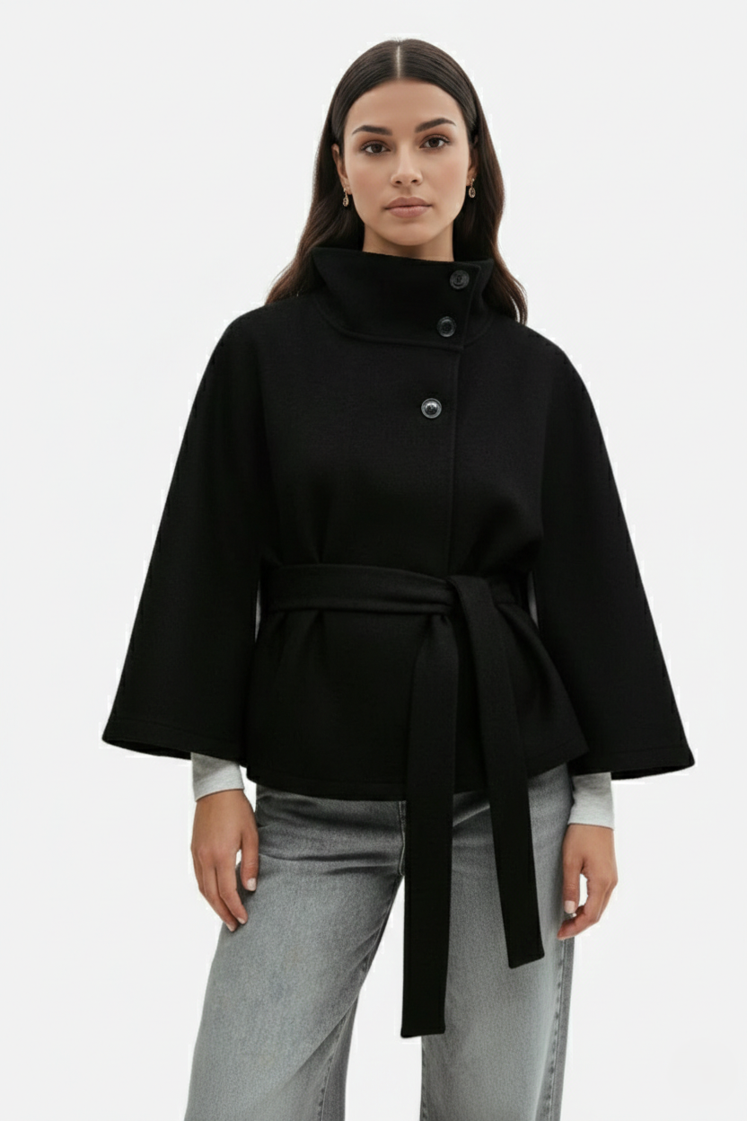 Belted Cape Coat High Neck Button Front